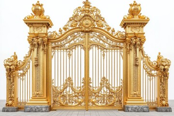 Golden gate beckons to enter a palace of ornate beauty framed by detailed in white background. Generative Ai