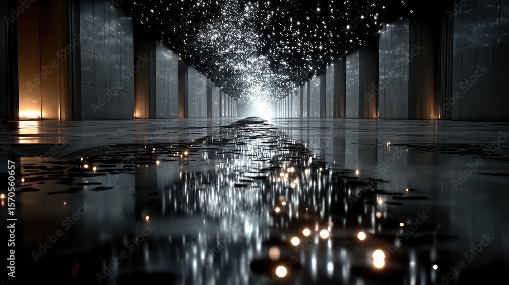 Poster holographic data streams cascading in metallic corridor