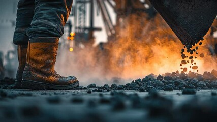 close-up of construction worker pouring hot asphalt from truck chute, steam rising