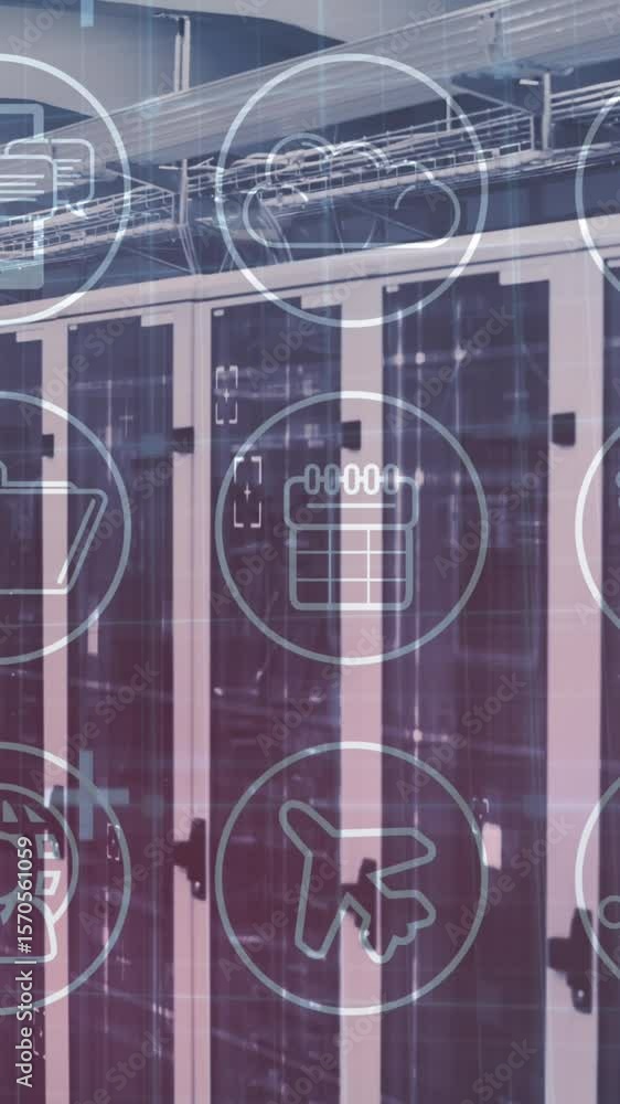 Poster animation of technological icons in circles over an empty server room