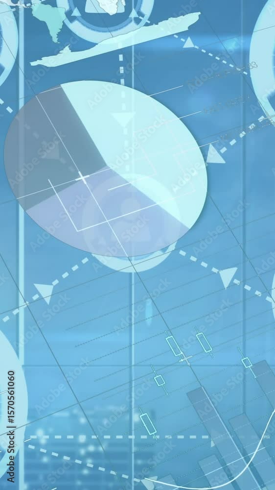 Poster animation of connected people icons with floating financial graphs