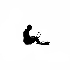 Silhouette of person typing on laptop with notebook beside on white background