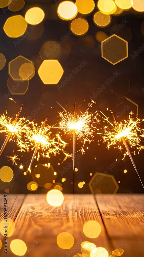 Poster glowing sparklers with soft focus hexagon bokeh effect against dark background