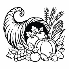  Vintage Black and White Decorative Harvest Cornucopia Illustration
