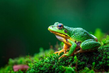 frog resting on moss with dewdrops creating tactile texture focus, rainforest background