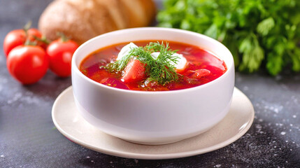 Delicious bowl of borscht garnished with fresh dill, served with bread and cherry tomatoes on a rustic table