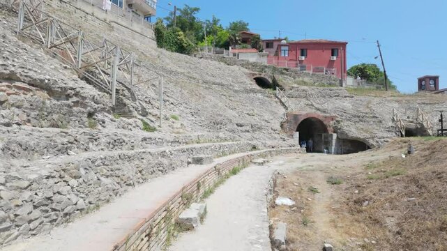Ancient ruins of a Roman amphitheatre in Durres, Albania. An old arena dating back to the second century AD.