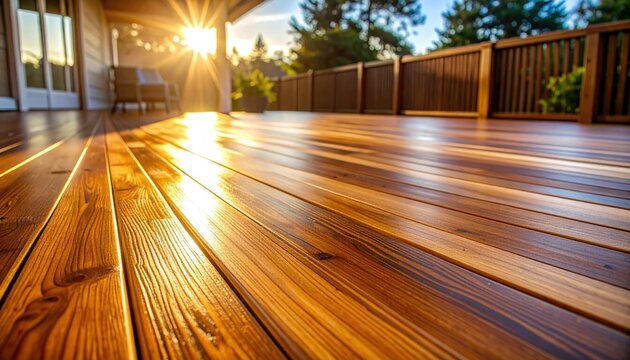Sunlit Iroko Decking Boards Displaying Wooden Grain Under Warm Sunlight in an Outdoor Setting