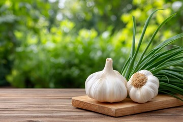 Fresh garlic bulbs and green sprouts lying on wooden cutting board