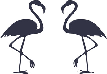 Two elegant dark silhouette flamingos standing gracefully on white background