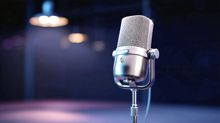 Creative concept of a vintage microphone in a modern recording studio with vibrant lighting and artistic atmosphere
