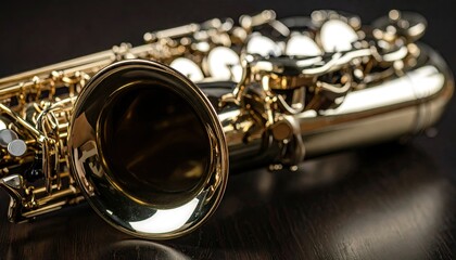 Fototapeta premium Golden Saxophone Bell Reflecting Light on a Dark Wooden Surface Studio Shot with Soft Focus