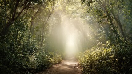 Obraz premium Path of light illuminating a forest passage with majestic trees, sun rays shining through the canopy