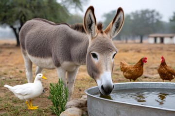 Donkey drinking water in metal trough on farm with chickens and duck