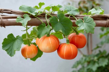 Orange pumpkins growing on the vine in a greenhouse