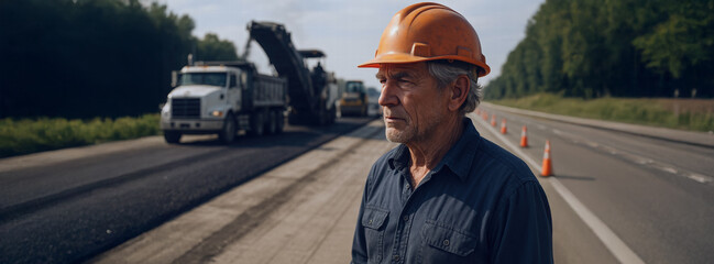 Mature Road Construction Worker Contemplating Asphalt Highway Project, Design Use: Construction, Infrastructure, Transportation