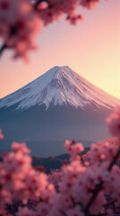 Serene Sunrise: Mount Fuji Framed by Cherry Blossoms - Ideal for travel, nature, and serenity themed designs