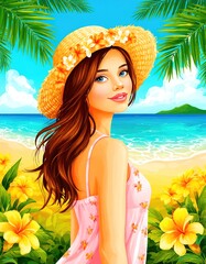 young beautiful woman on summer background.