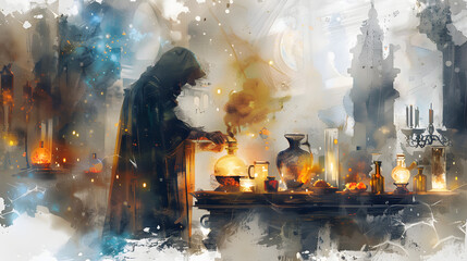 watercolor painting style Alchemist Mixing potion