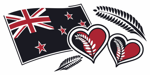 Set of red heart shapes with the New Zealand flag. Designed for use in travel or tourism branding. Simple graphic elements with background and clipping mask in black background vector illustration.
