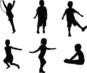 Kids Silhouette Vector Set | Playing Children Clipart in Black Design