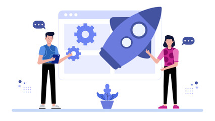 startup team testing beta product with early users startup flat vector illustration