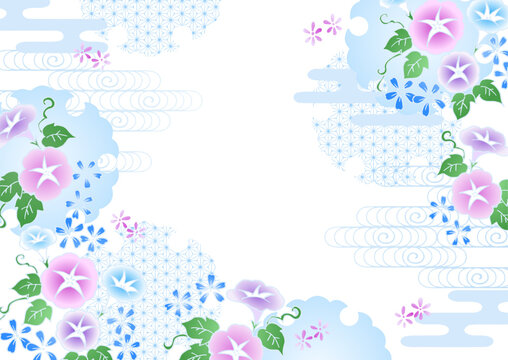 和柄 涼しげな朝顔 ベクター背景 日本の夏 水色 背景透過 Japanese pattern, cool morning glory, vector background, Japanese summer, light blue, background transparent