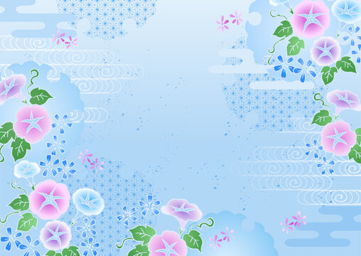 和柄 涼しげな朝顔 ベクター背景 日本の夏 水色  Japanese pattern, cool morning glory, vector background, Japanese summer, light blue, 