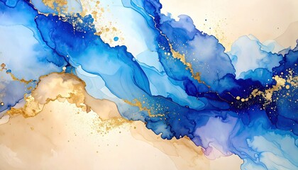 Obraz premium Abstract Watercolor Painting With Flowing Blue Ink and Golden Embellishments on Beige Background