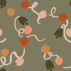 Little pompom ribbons with bells forming a holiday decoration pattern in colors of peach, red, pink, yellow, off white on sage green background. Christmas seamless vector pattern. Great for home decor