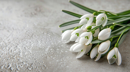 Delicate snowdrops bloom gracefully on a textured stone surface, offering a serene winter touch to the season’s beauty