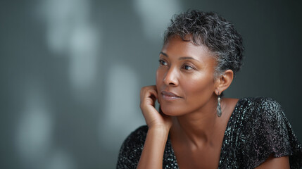 Elegant woman in contemplative thought amidst soft light and shadow in a serene environment