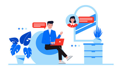 freelancer joining virtual co-working space meeting flat vector illustration