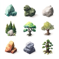 Diverse low poly trees and rocks showcase minimalist nature in digital art with isometric