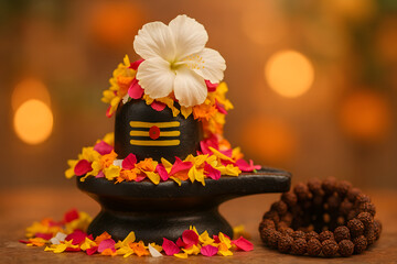 Flower-Adorned Shivling: A Serene Symbol of Hindu Devotion