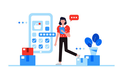 business owner tracking inventory with app flat vector illustration