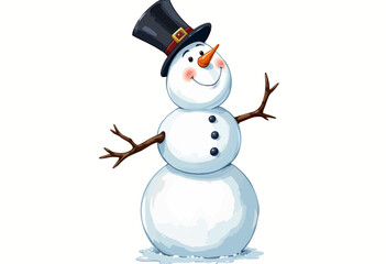 Cheerful snowman with top hat and carrot nose standing happily  