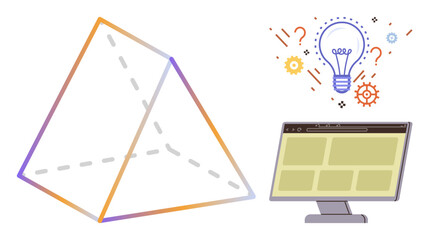 Geometric pyramid, glowing light bulb with gears and question marks, and a desktop screen with a grid layout. Ideal for innovation, creativity, problem-solving, technology, education, brainstorming
