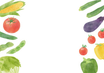Hand-Painted Japanese Summer Vegetable Frame – Horizontal Layout with Copy Space – Isolated on White