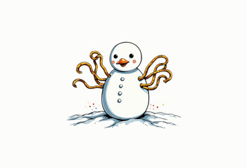 Obraz premium Snowman with octopus arms standing on snow surface 