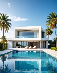 Fototapeta premium minimalist vacation home with pool palm trees. Minimalist concept of summer holiday, tropical escape