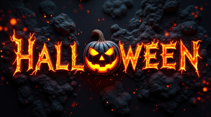 Fiery Halloween Typography with Glowing Pumpkin Dark Volcanic Rock Landscape for Festive Season Promotions and Events