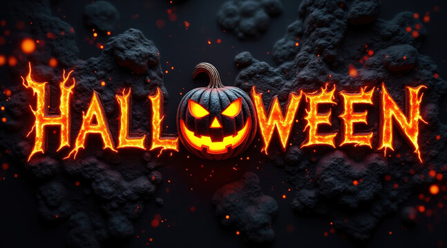 Fiery Halloween Typography with Glowing Pumpkin Dark Volcanic Rock Landscape for Festive Season Promotions and Events