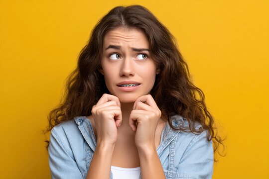 Anxious woman with braces biting her lip looks upward against a solid yellow background