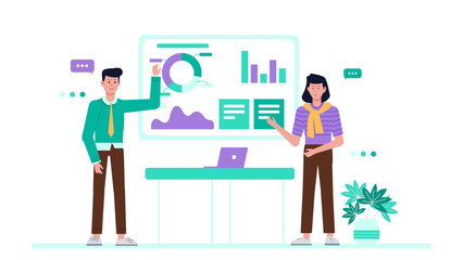 Product manager leading sprint planning meeting, flat vector illustration