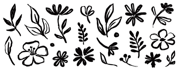 Fototapeta premium Flower brush paint stroke set. Hand drawn floral flower, leaf graffiti elements in brush paint silhouette set. Vector black ink stroke doodle floral texture sketch spring pattern. Vector illustration