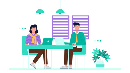 Entrepreneurs Working Together in Co-Working Space, flat vector illustration