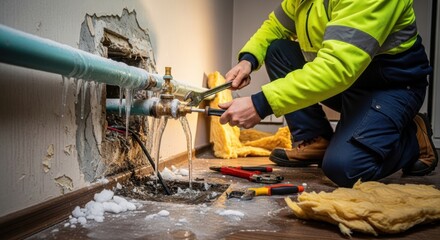 Plumber Fixing Burst Pipe With Water Flowing Onto Floor