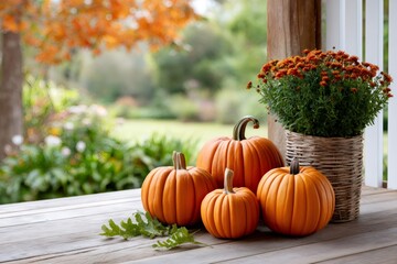 Pumpkins and chrysanthemum decorating a porch during fall season