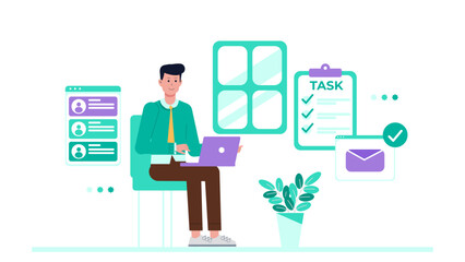 Freelancer Handling Multiple Client Projects, flat vector illustration